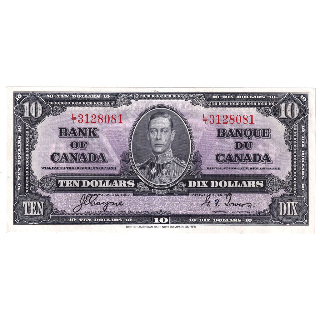 BC-24c 1937 Canada $10 Coyne-Towers, L/T, Almost Uncirculated (AU50)
