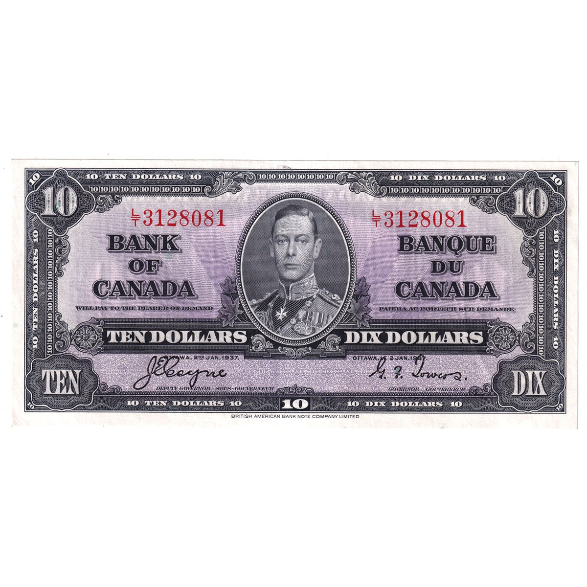 BC-24c 1937 Canada $10 Coyne-Towers, L/T, Almost Uncirculated (AU50)