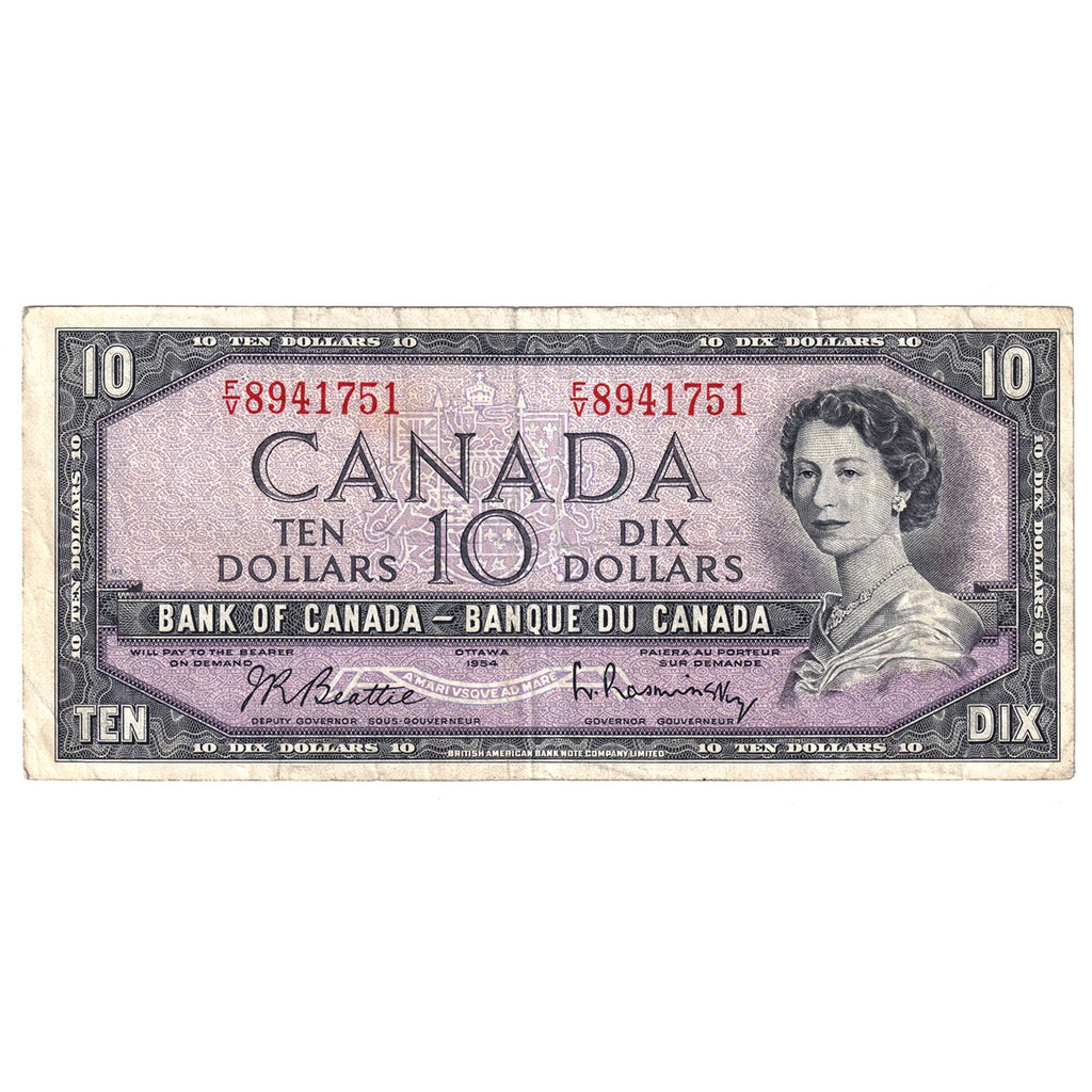 BC-40b 1954 Canada $10 Beattie-Rasminsky, F/V, F-VF (F15)