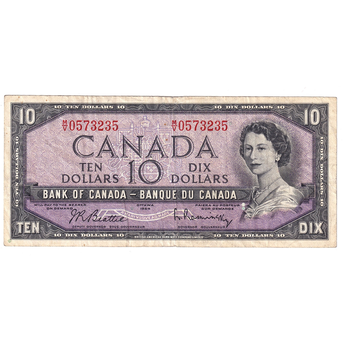 BC-40b 1954 Canada $10 Beattie-Rasminsky, M/V, F-VF (F15)