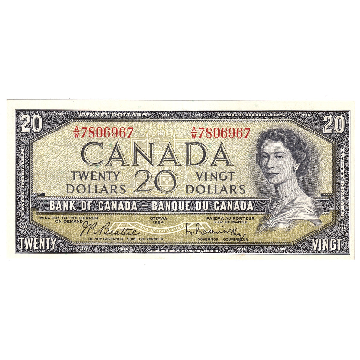 BC-41b 1954 Canada $20 Beattie-Rasminsky, A/W, Almost Uncirculated (AU50)