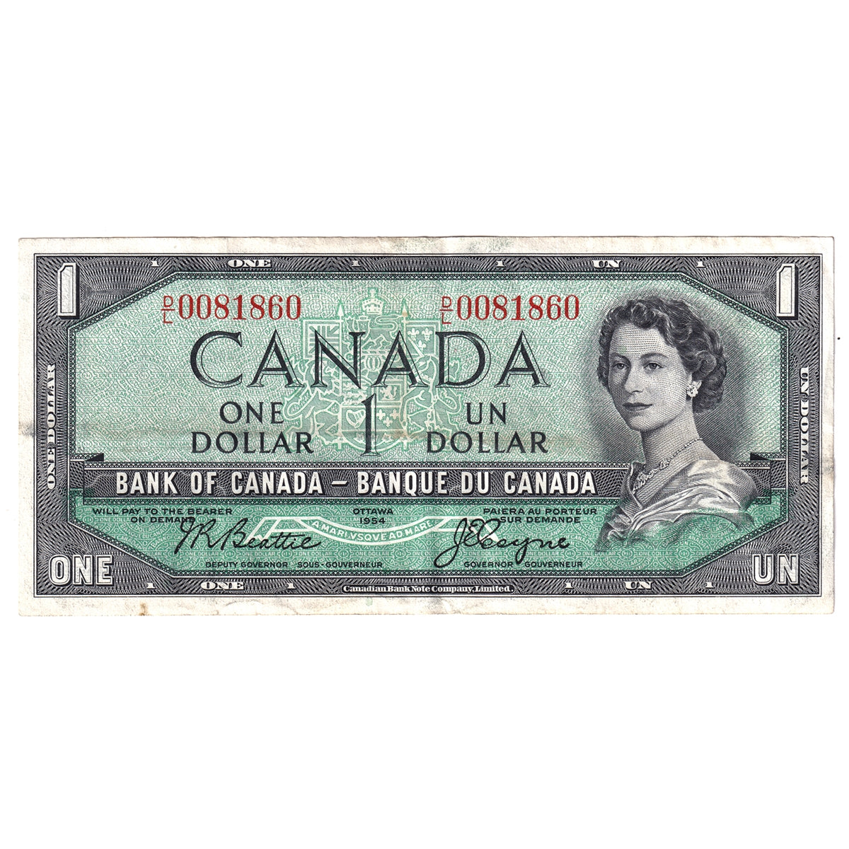 BC-37a 1954 Canada $1 Beattie-Coyne, D/L, VF-EF (VF30)