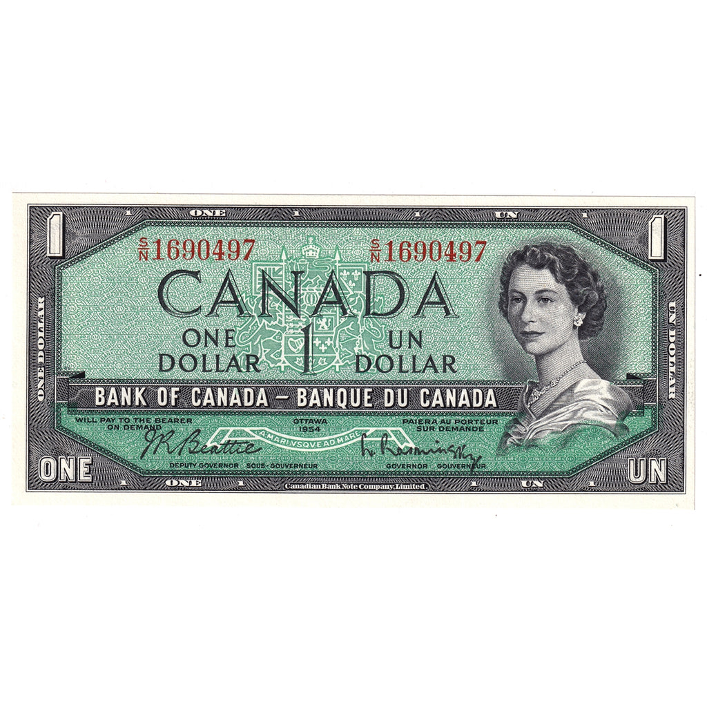 BC-37b 1954 Canada $1 Beattie-Rasminsky, S/N, Choice Uncirculated (CUNC63)