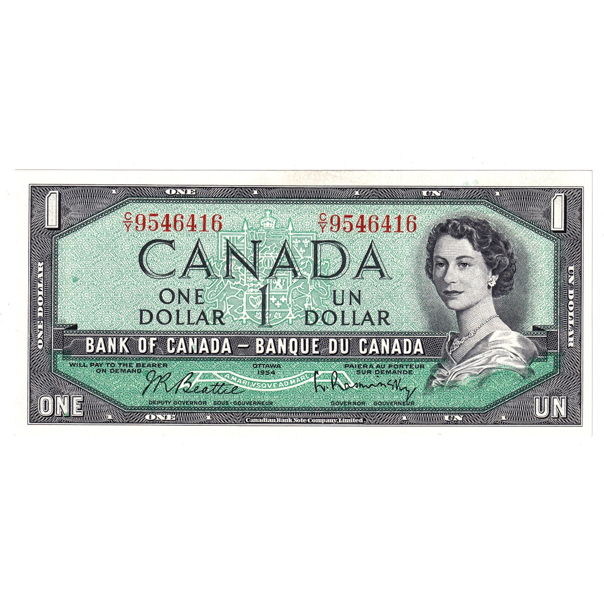 BC-37b 1954 Canada $1 Beattie-Rasminsky, C/Y, Uncirculated (MS60)