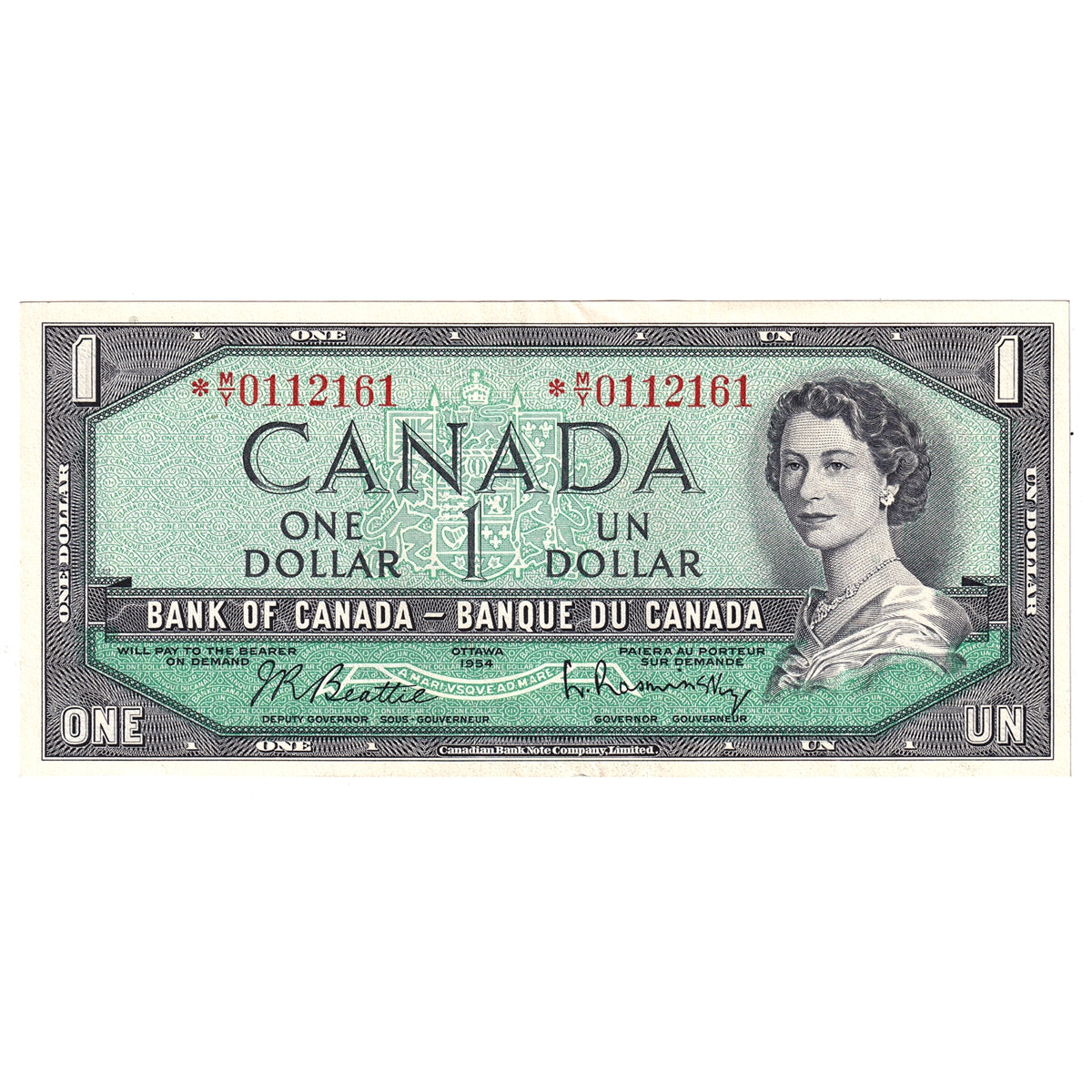 BC-37bA 1954 Canada $1 Beattie-Rasminsky, *M/Y, AU-UNC (AU55)