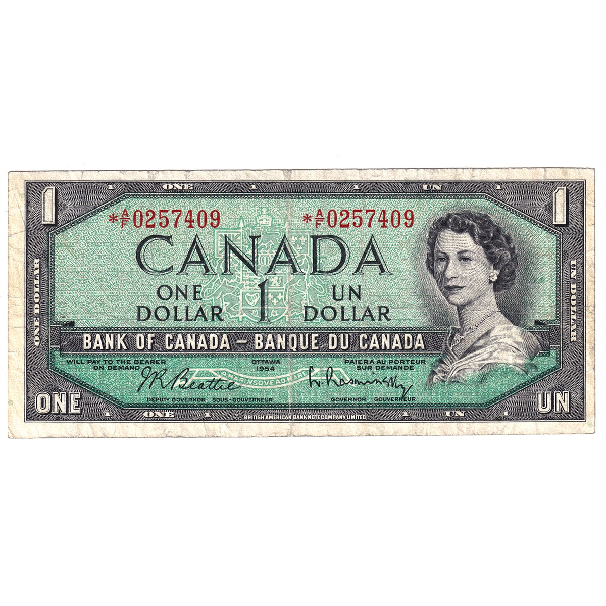 BC-37BA-i 1954 Canada $1 Beattie-Rasminsky, *A/F, Fine (F12)