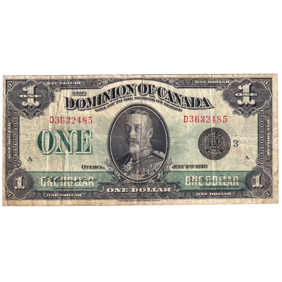 DC-25n 1923 Dominion $1 Campbell-Sellar, Black Seal 3, Series D, Fine (F12)