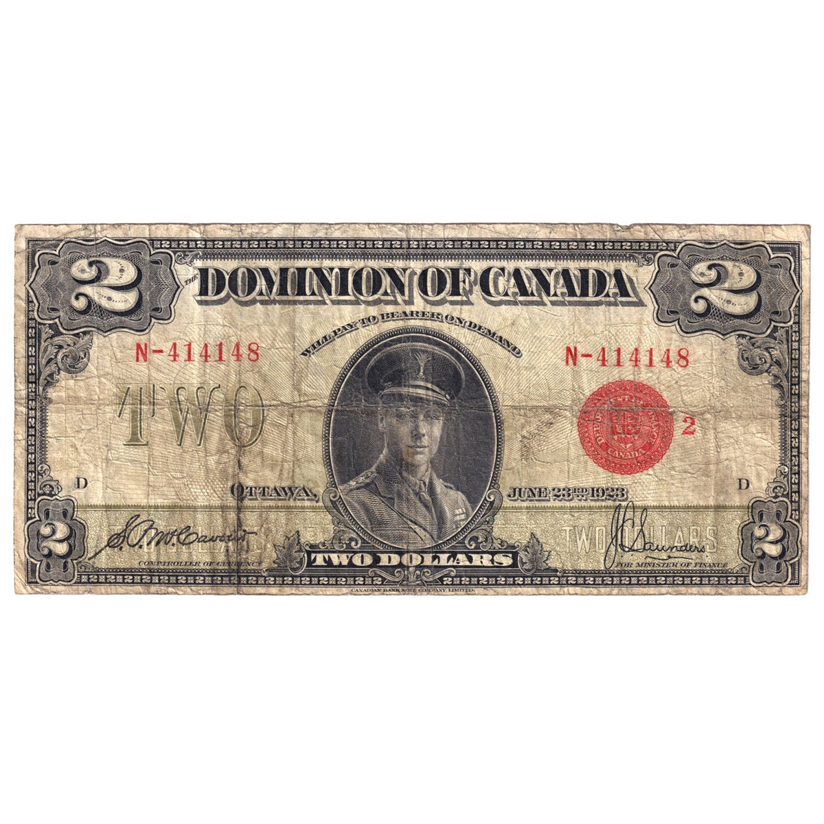 DC-26g 1923 Dominion $2 McCavour-Saunders, Red Seal, Group 2, Very Good (VG8)
