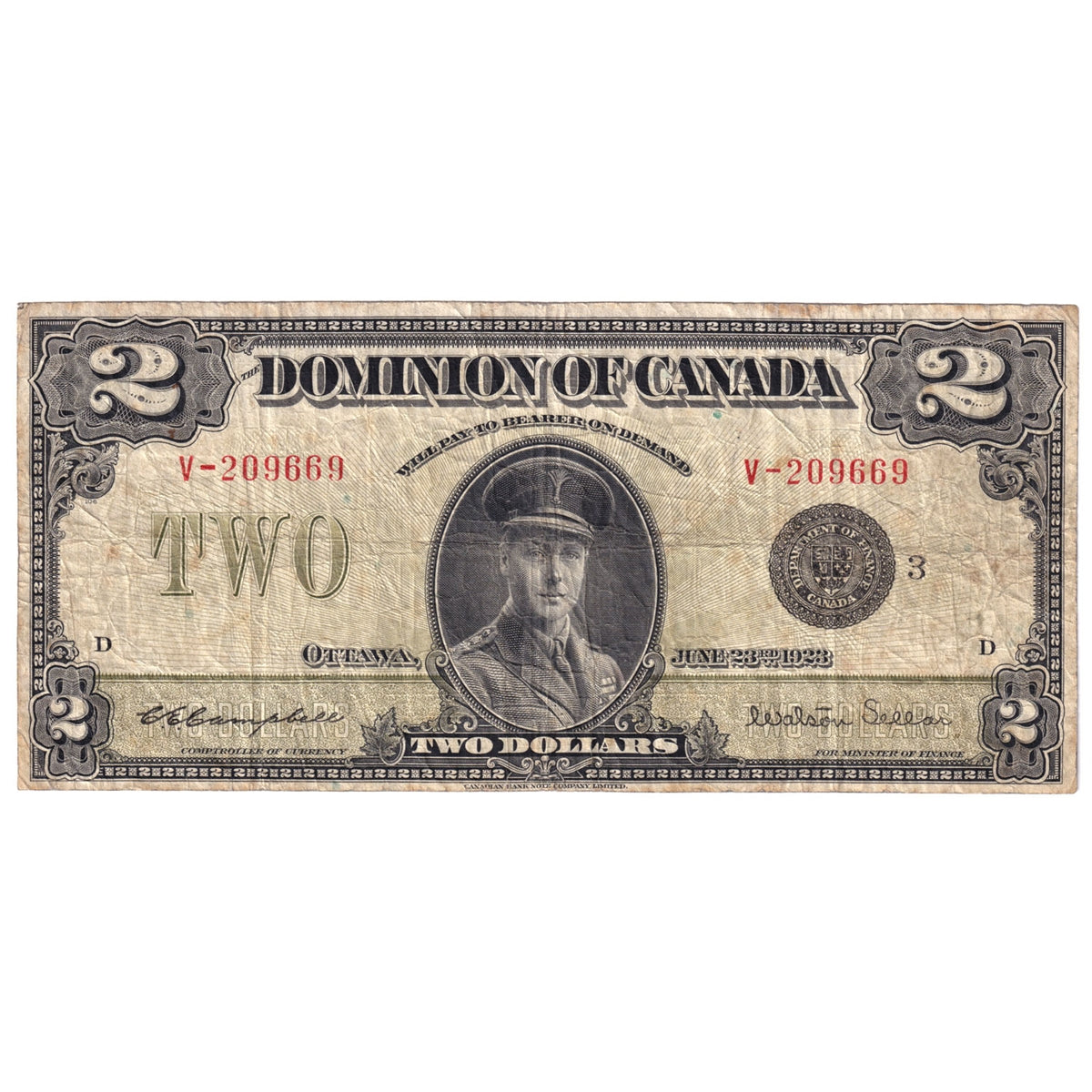 DC-26j 1923 Dominion $2 Campbell-Sellar, Black Seal, Group 3, Series V, VG-F (VG10)