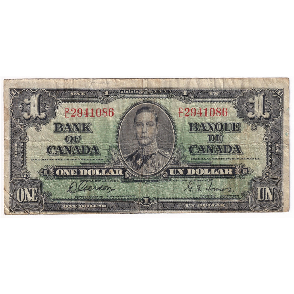 BC-21c 1937 Canada $1 Gordon-Towers, D/L, VG-F (VG10)