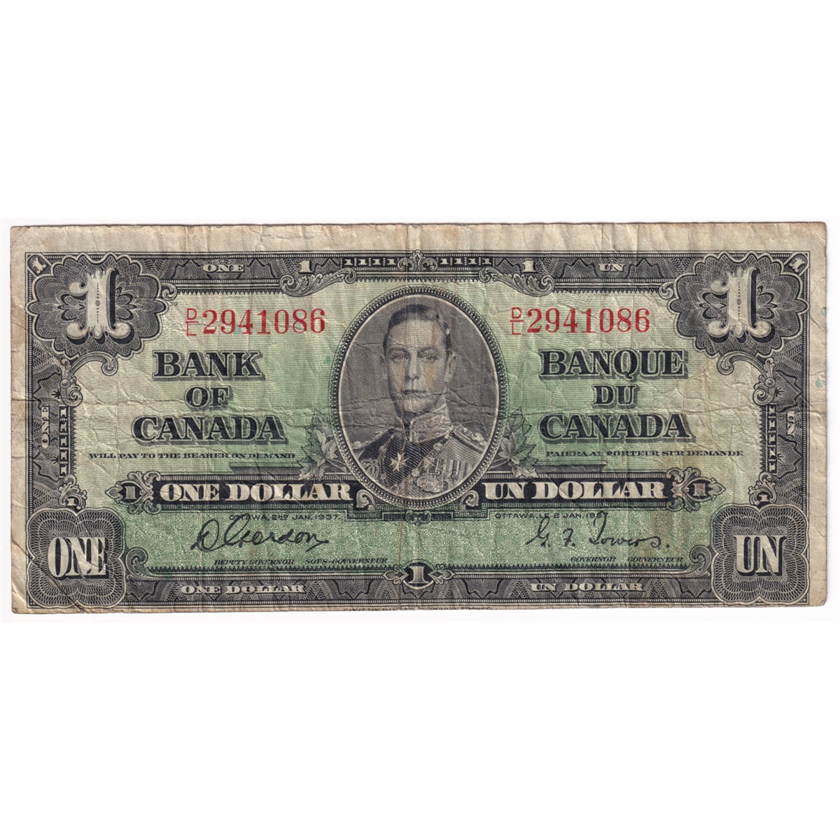 BC-21c 1937 Canada $1 Gordon-Towers, D/L, VG-F (VG10)