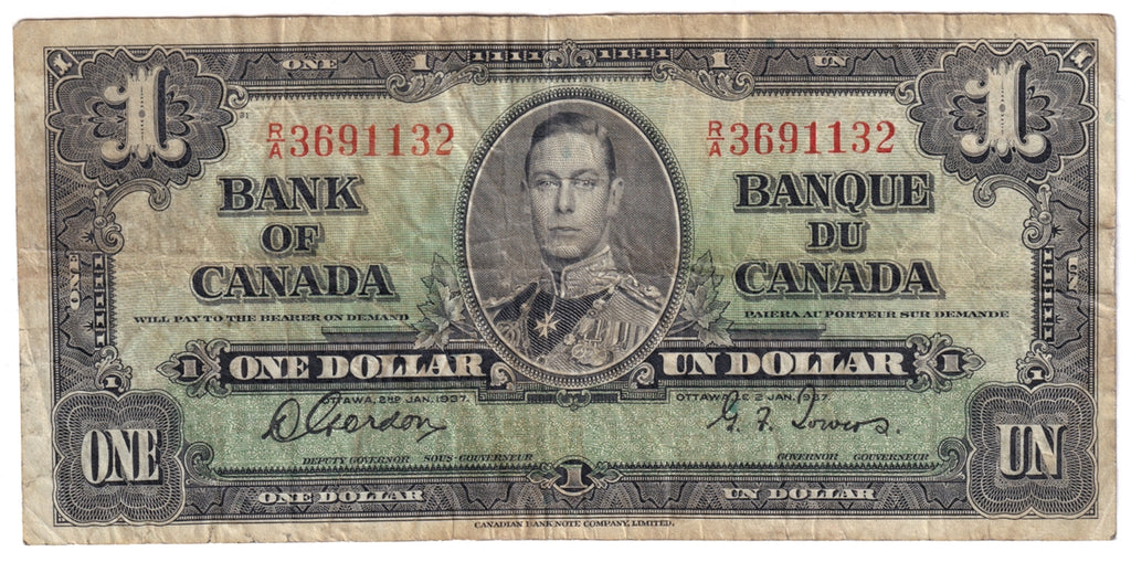 BC-21c 1937 Canada $1 Gordon-Towers, R/A, F-VF (F15)
