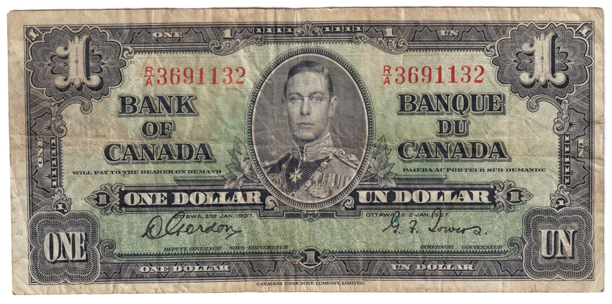 BC-21c 1937 Canada $1 Gordon-Towers, R/A, F-VF (F15)