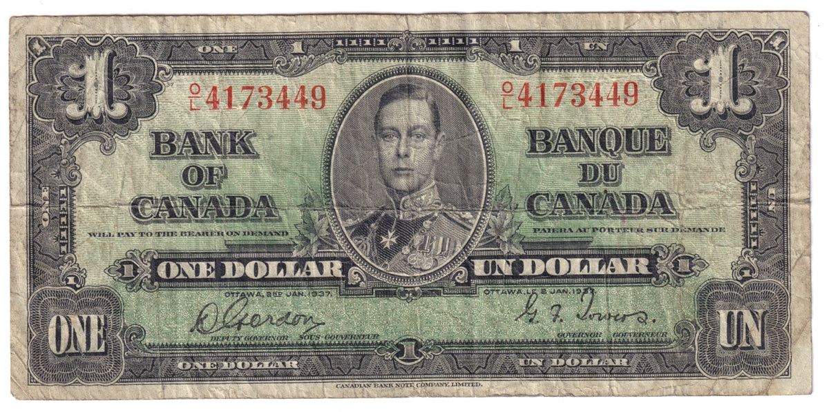 BC-21c 1937 Canada $1 Gordon-Towers, O/L, F