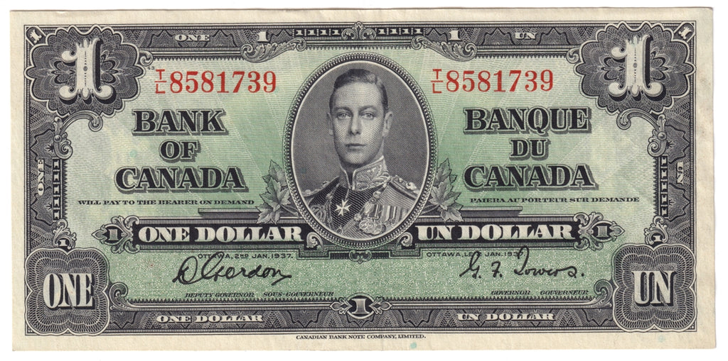 BC-21c 1937 Canada $1 Gordon-Towers, T/L, EF-AU (EF45)