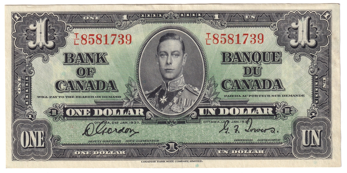 BC-21c 1937 Canada $1 Gordon-Towers, T/L, EF-AU (EF45)