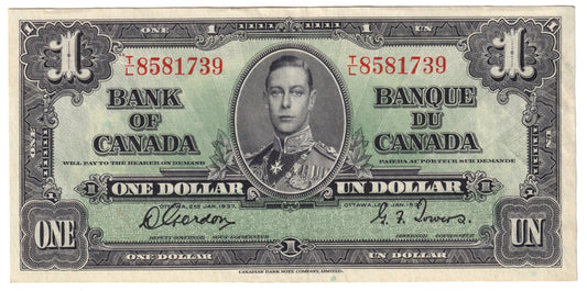 BC-21c 1937 Canada $1 Gordon-Towers, T/L, EF-AU (EF45)