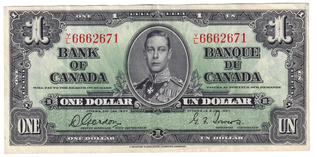 BC-21c 1937 Canada $1 Gordon-Towers, Y/L, VF-EF (VF30)