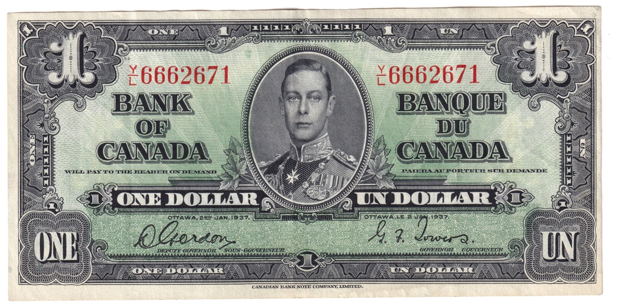 BC-21c 1937 Canada $1 Gordon-Towers, Y/L, VF-EF (VF30)
