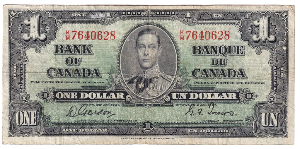 BC-21c 1937 Canada $1 Gordon-Towers, K/M, Fine (F12)