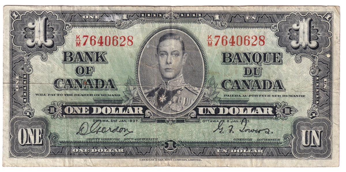 BC-21c 1937 Canada $1 Gordon-Towers, K/M, Fine (F12)