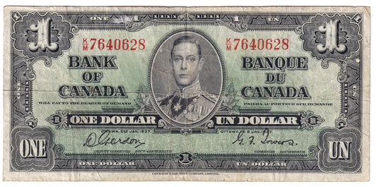 BC-21c 1937 Canada $1 Gordon-Towers, K/M, Fine (F12)