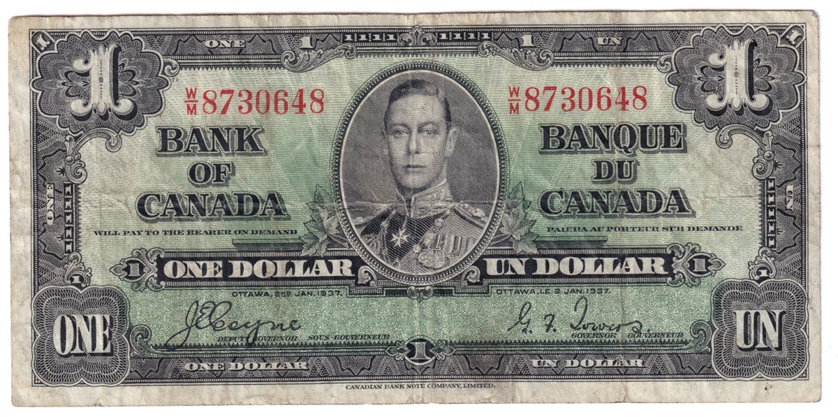 BC-21d 1937 Canada $1 Coyne-Towers, W/M, F-VF (F15)