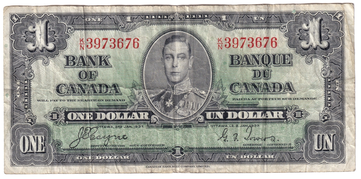 BC-21d 1937 Canada $1 Coyne-Towers, K/N, Fine (F12)