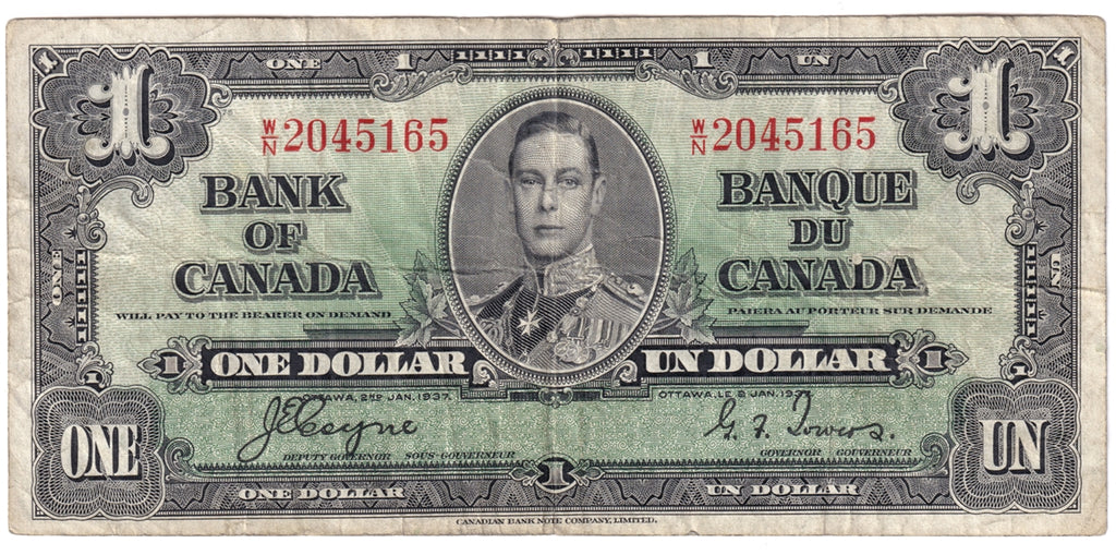 BC-21d 1937 Canada $1 Coyne-Towers, W/N, Fine (F12)