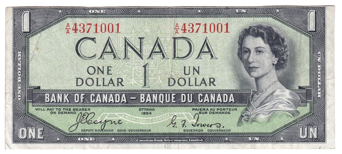 BC-29a 1954 Canada $1 Coyne-Towers, Devil's Face A/A, Fine (F12)