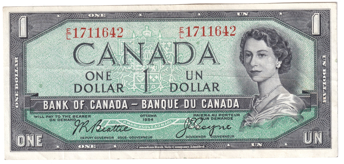 BC-37a 1954 Canada $1 Beattie-Coyne, E/L, VF-EF (VF30)