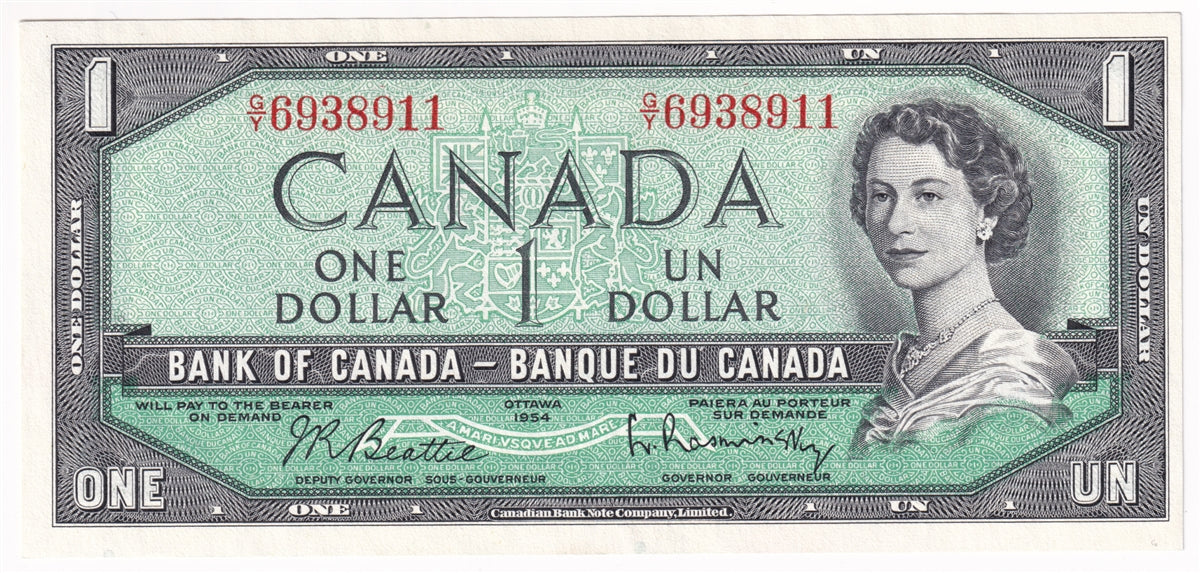 BC-37b 1954 Canada $1 Beattie-Rasminsky, G/Y, EF-AU (EF45)