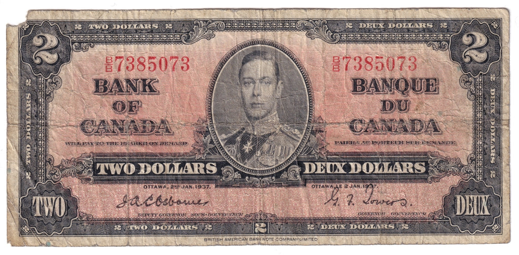 BC-22a 1937 Canada $2 Osborne-Towers, B/B, Circ