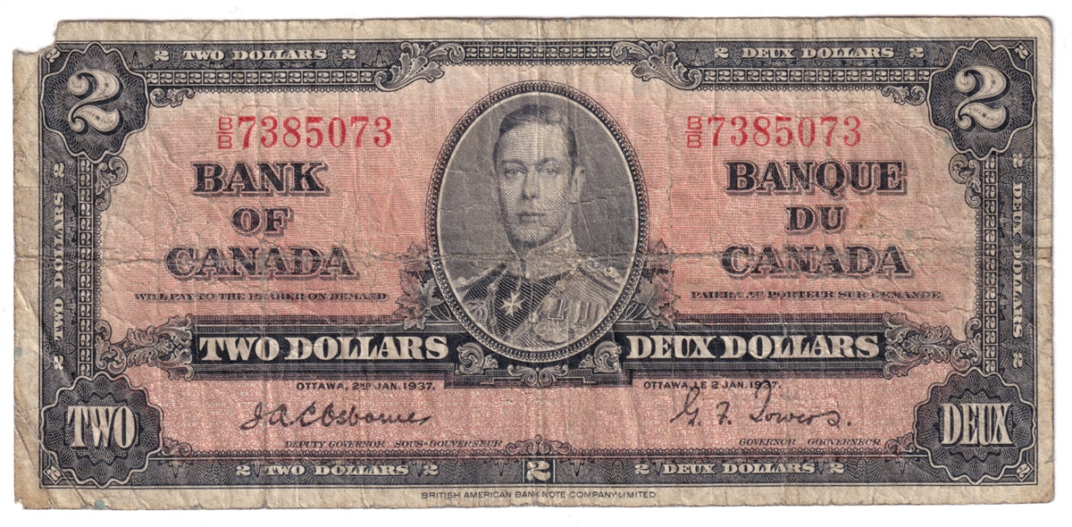 BC-22a 1937 Canada $2 Osborne-Towers, B/B, Circ