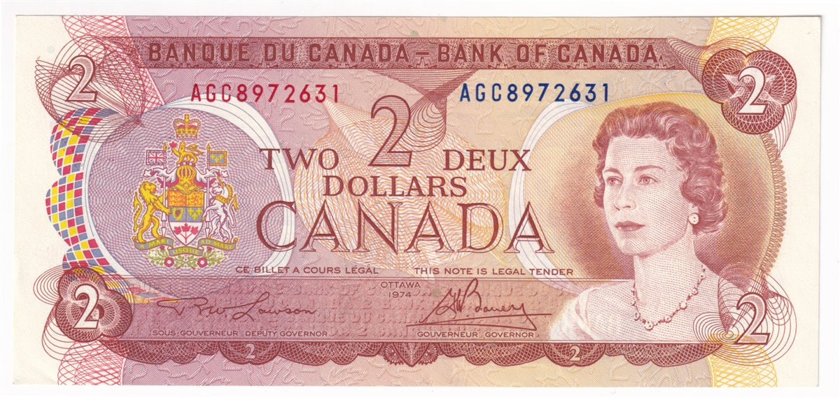 BC-47a-i 1974 Canada $2 Lawson-Bouey, AGC, Almost Uncirculated (AU50)