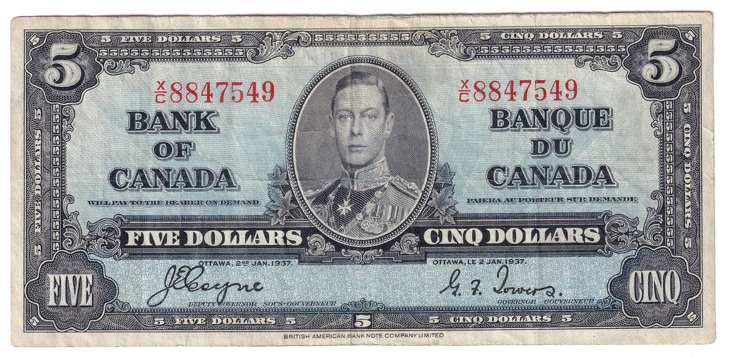BC-23c 1937 Canada $5 Coyne-Towers, X/C, F-VF (F15)