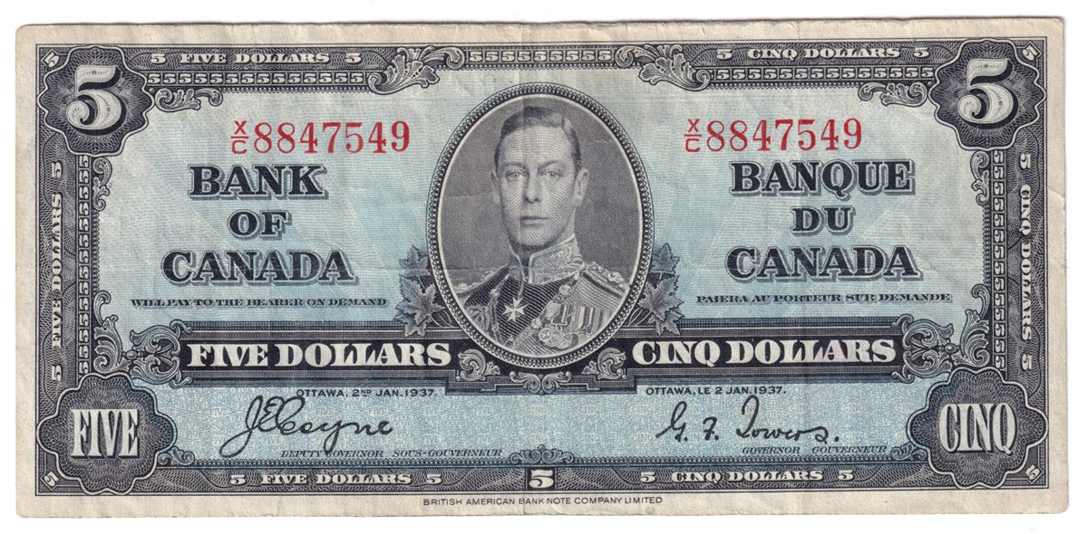 BC-23c 1937 Canada $5 Coyne-Towers, X/C, F-VF (F15)