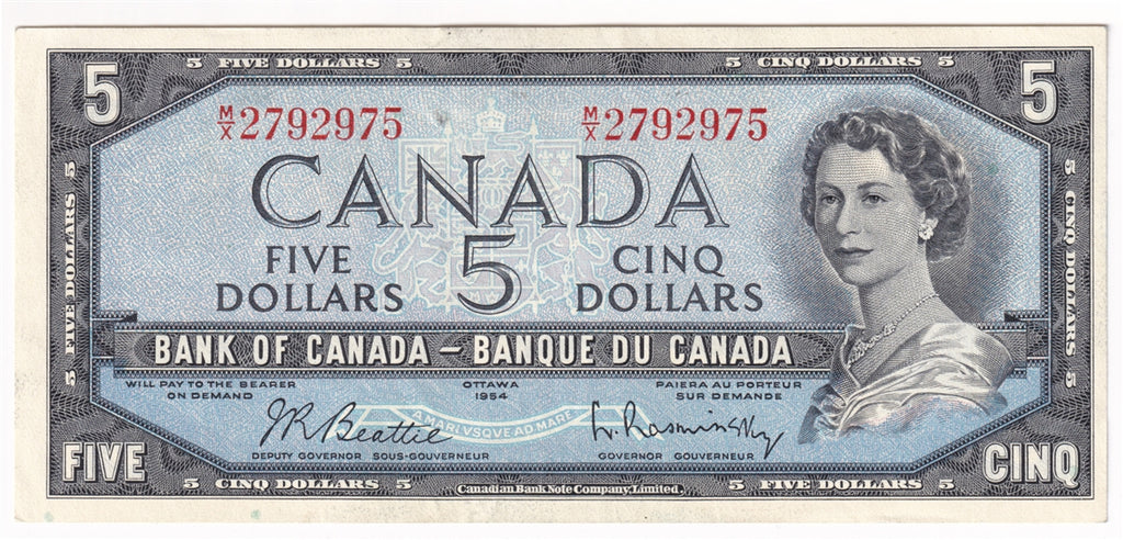 BC-39b 1954 Canada $5 Beattie-Rasminsky, M/X, Almost Uncirculated (AU50)