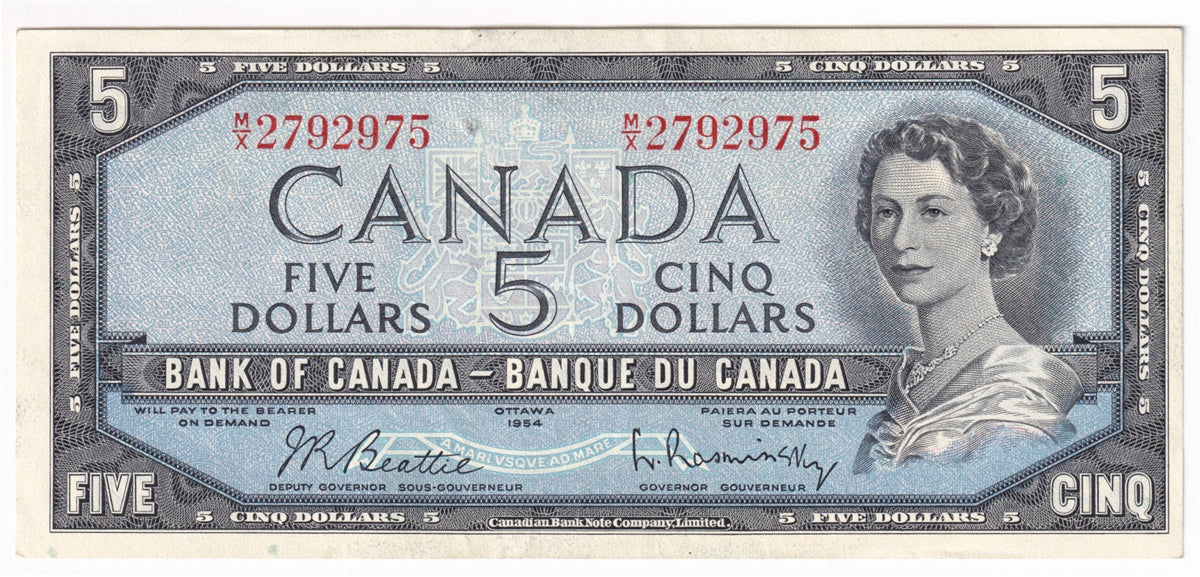BC-39b 1954 Canada $5 Beattie-Rasminsky, M/X, Almost Uncirculated (AU50)