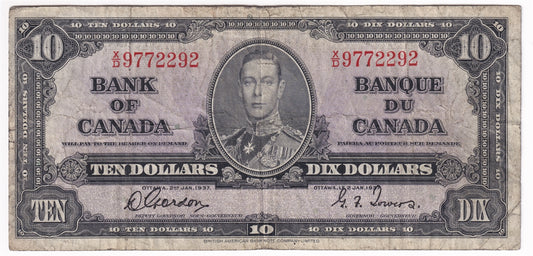 BC-24b 1937 Canada $10 Gordon-Towers, X/D, VG-F