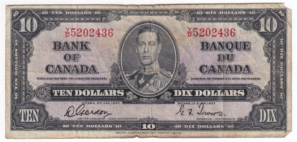BC-24b 1937 Canada $10 Gordon-Towers, Y/D, Circ