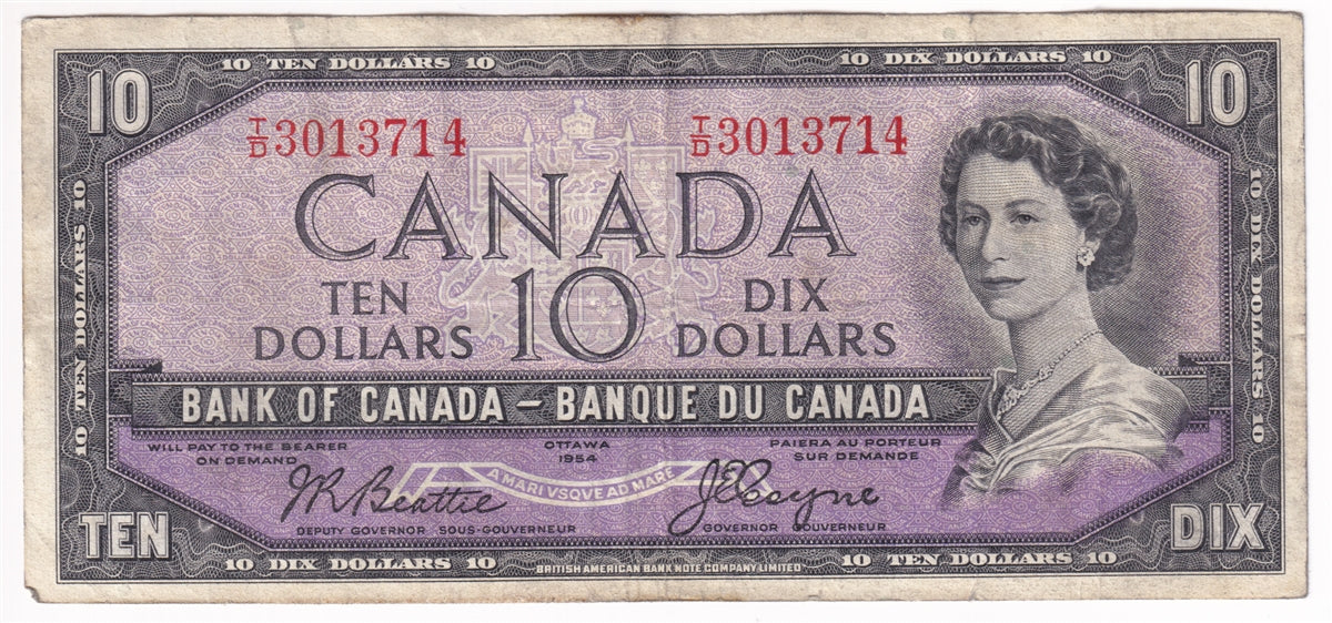 BC-40a 1954 Canada $10 Beattie-Coyne, T/D, F-VF (F15)
