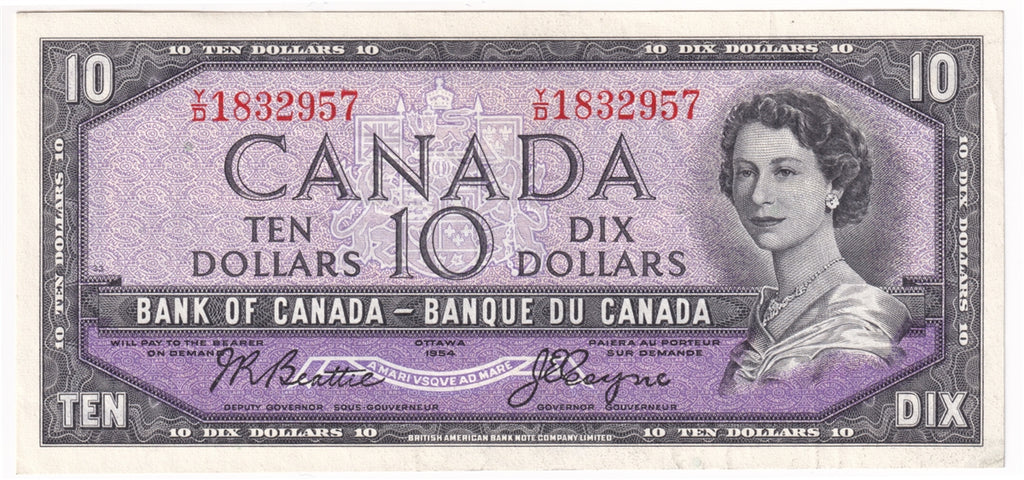 BC-40a 1954 Canada $10 Beattie-Coyne, Y/D, Almost Uncirculated (AU50)