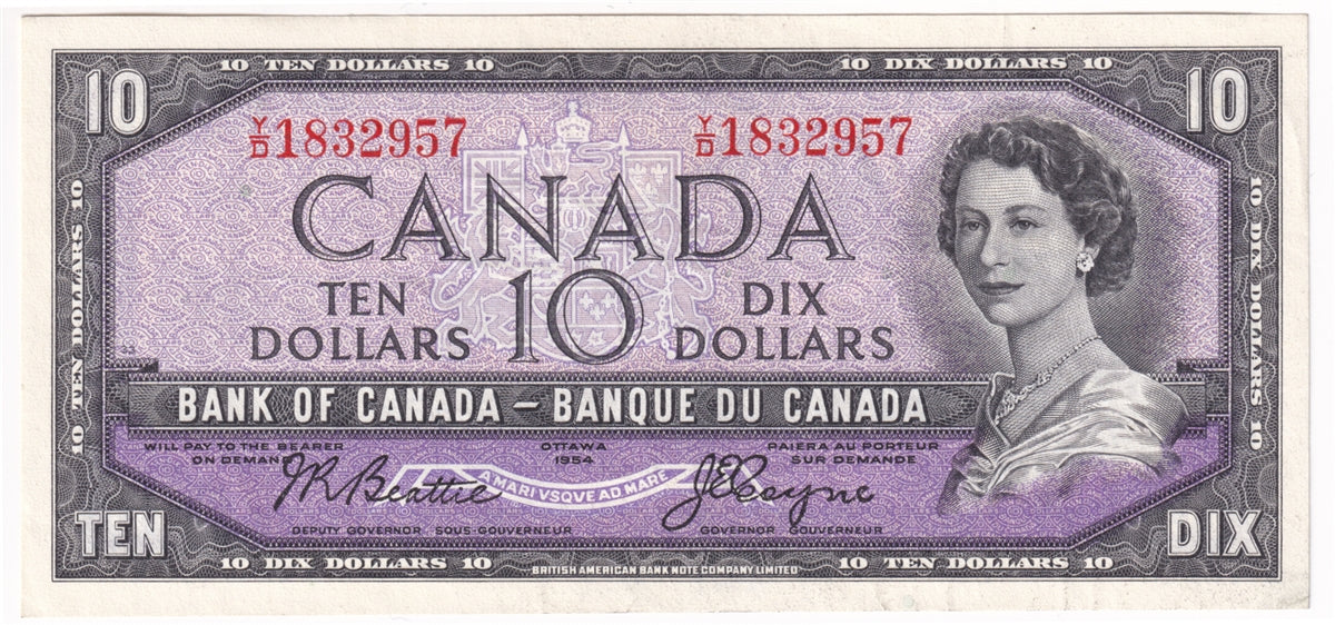 BC-40a 1954 Canada $10 Beattie-Coyne, Y/D, Almost Uncirculated (AU50)
