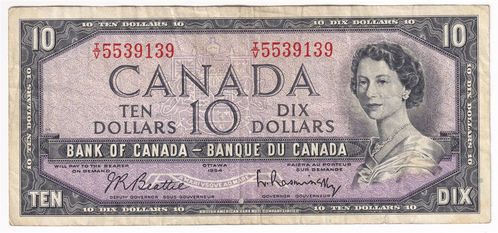 BC-40b 1954 Canada $10 Beattie-Rasminsky, I/V, F-VF (F15)