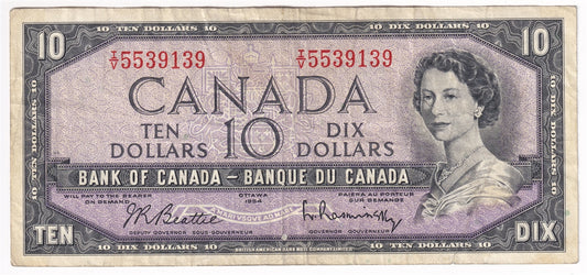 BC-40b 1954 Canada $10 Beattie-Rasminsky, I/V, F-VF (F15)