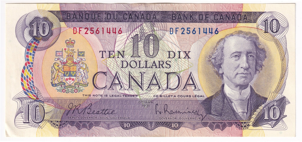 BC-49a 1971 Canada $10 Beattie-Rasminsky, DF, Almost Uncirculated (AU50)