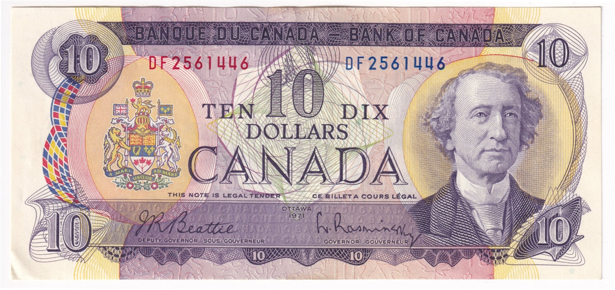 BC-49a 1971 Canada $10 Beattie-Rasminsky, DF, Almost Uncirculated (AU50)