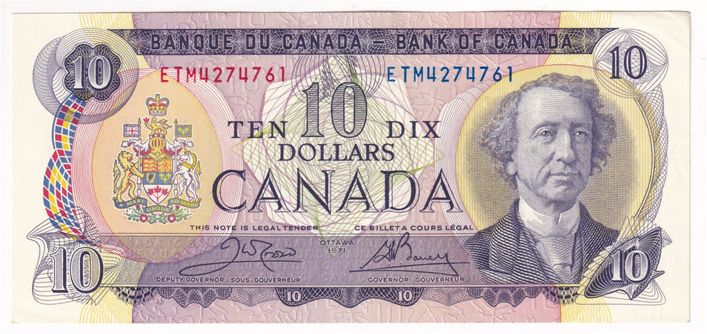 BC-49d 1971 Canada $10 Crow-Bouey, ETM, Almost Uncirculated (AU50)