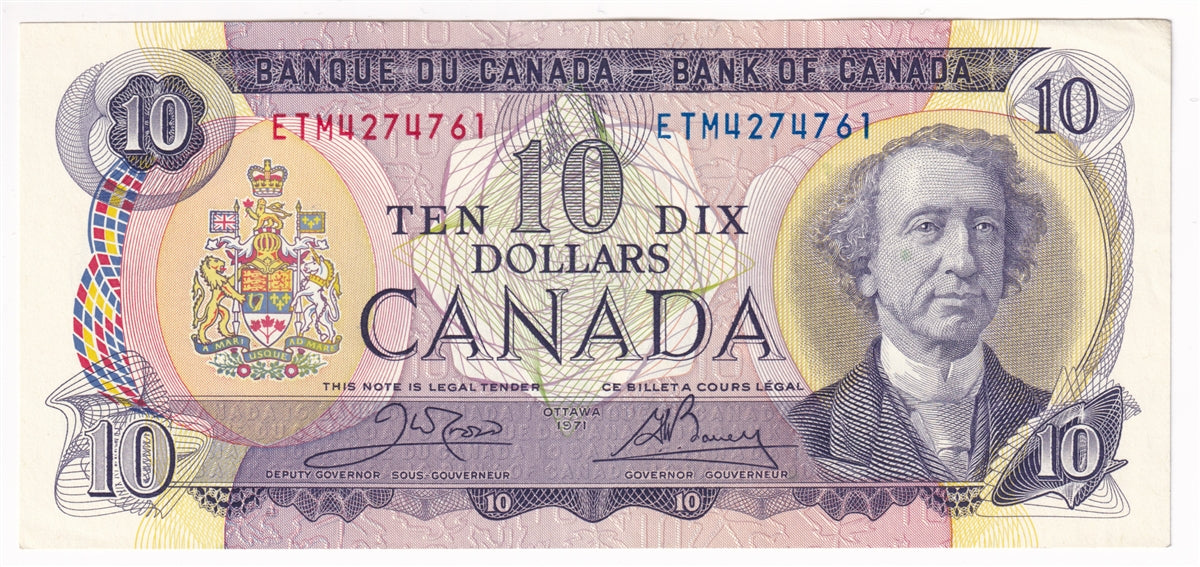 BC-49d 1971 Canada $10 Crow-Bouey, ETM, Almost Uncirculated (AU50)